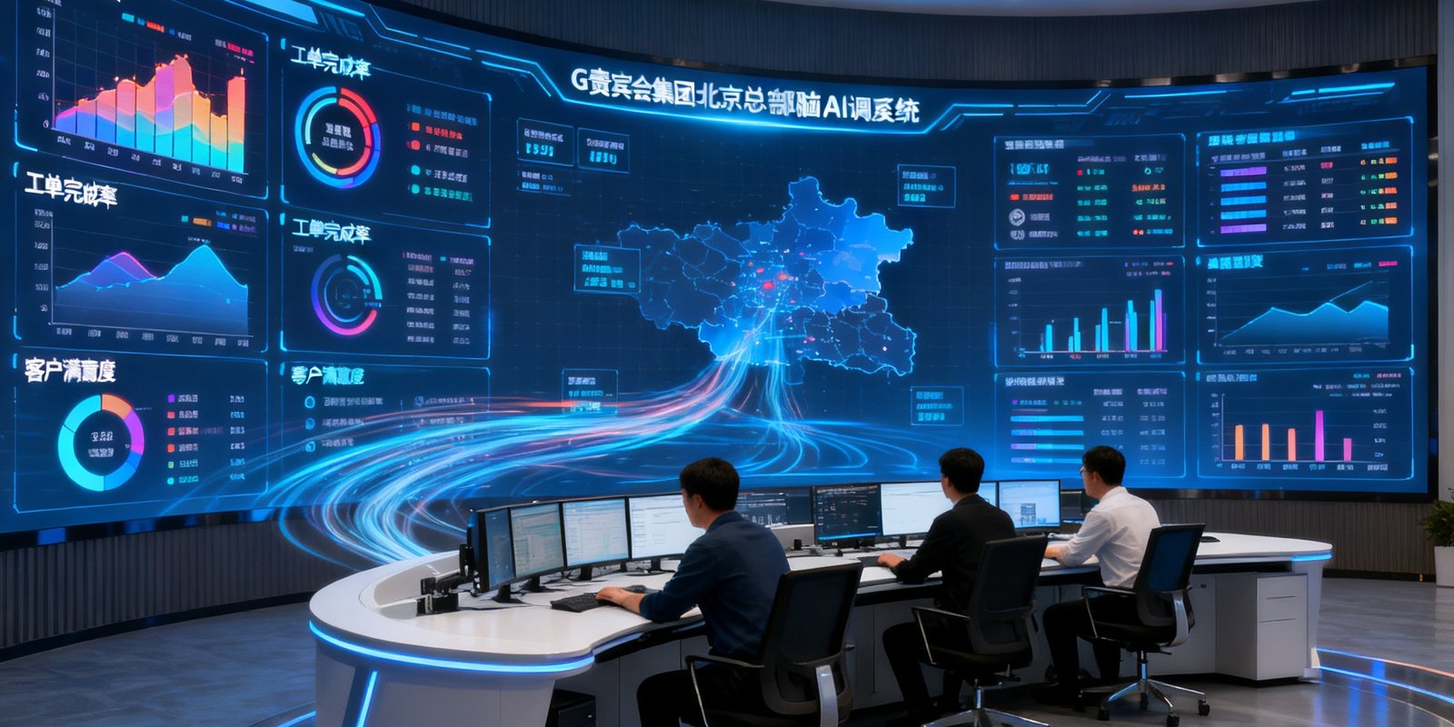 AG贵宾会集团位于北京总部的睿脑AI调度系统控制中心，整面弧形LED屏幕上实时跳动着各项目的人流热力图、工单完成率、客户满意度等数据指标，三名数据分析师正坐在环形操作台前监控系统运行状态